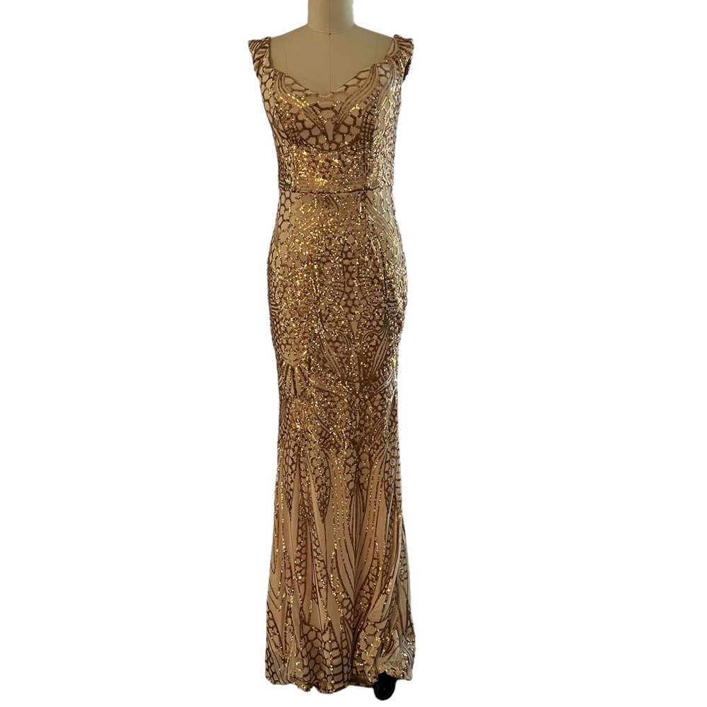 Women’s gold evening gown with sequined pattern. V neck front & back, stretch